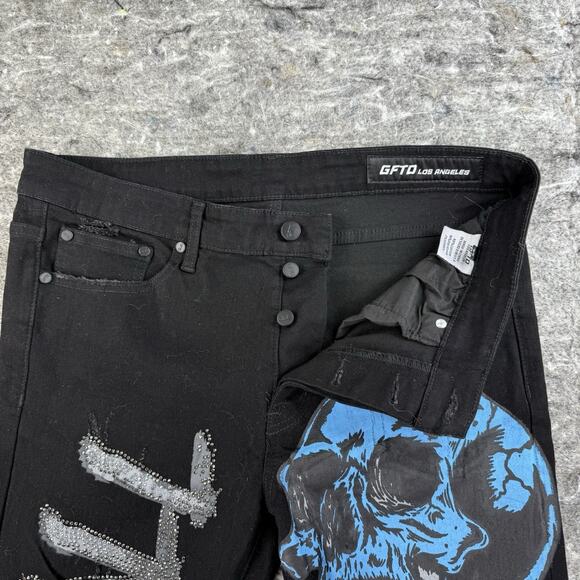 GFTD Los Angeles‎ Jeans Mens 36x33 Black White Death To All Skull Distressed - Picture 6 of 13